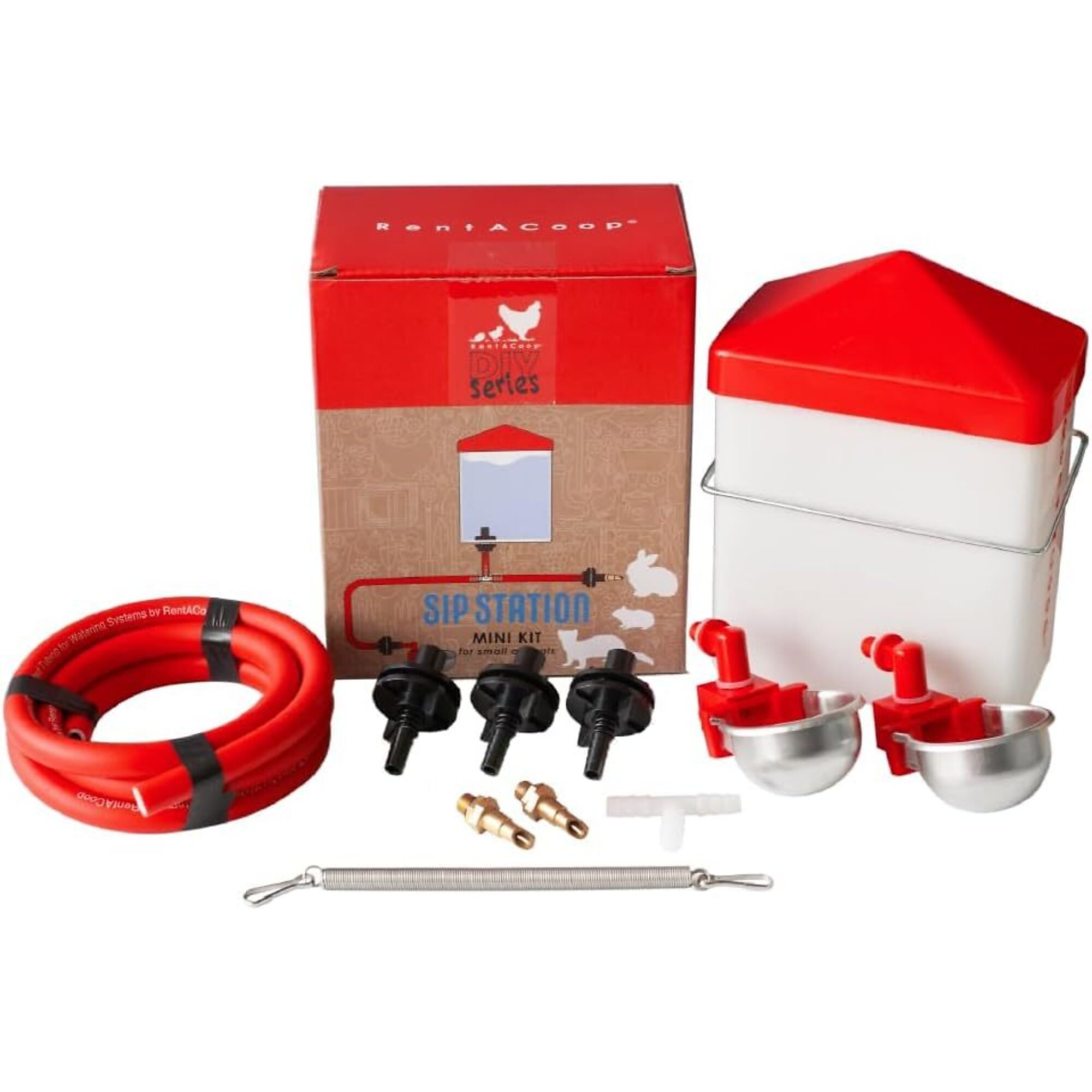RentACoop SipStation Mini Kit for Small Animals — 64oz Bottle, 6ft Tubing, Cage Adaptors, 2 Metal Cups, 2 Brass Nozzles, Model# DR-2L6F-SMLAN